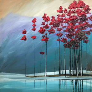 "Cabin and Reds Lakeside in the Mountains" print by Thomas Andrew - ThomasAndrewArtwork