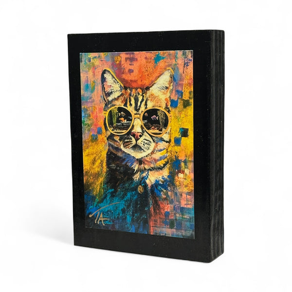 Cool Cat on 5.5 x 8 Rustic Wood / FREE SHIPPING