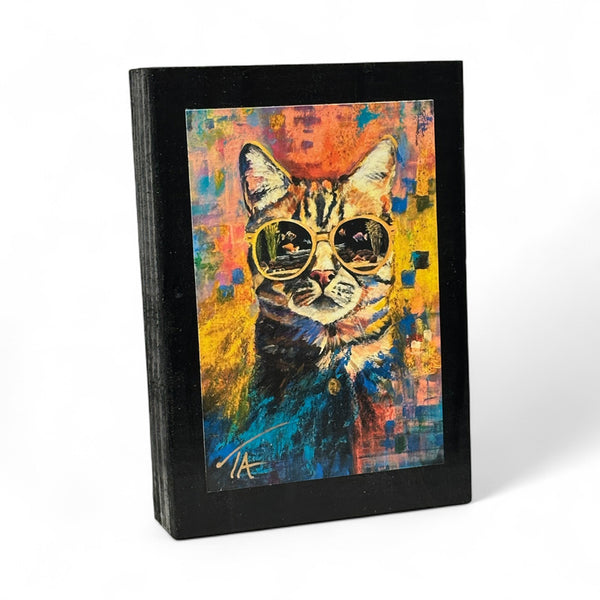 Cool Cat on 5.5 x 8 Rustic Wood / FREE SHIPPING