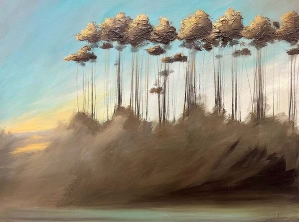 Ethereal series #09 artwork showcasing teal sky and sunset with golden-hued trees on gallery-wrapped canvas; acrylic paints with semi-gloss sheen.