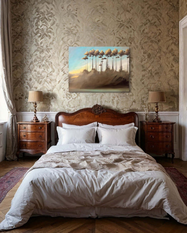 Ethereal artwork titled "Ethereal series #09" painted on gallery-wrapped canvas displayed above a bed in an elegant bedroom.