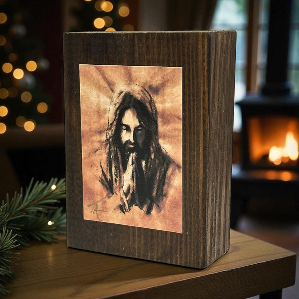 Jesus Praying on 3.5 x 5 Rustic Wood / FREE SHIPPING