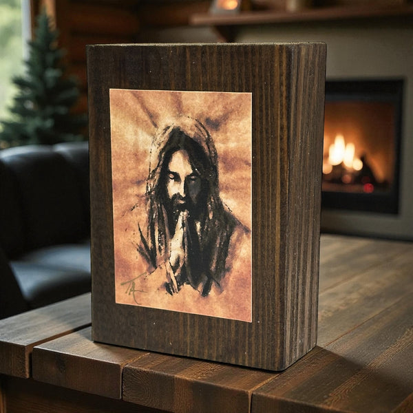 Jesus Praying on 3.5 x 5 Rustic Wood / FREE SHIPPING