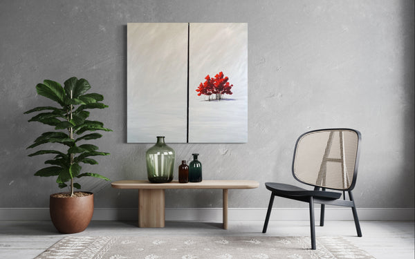 "Rowan Reds in the Snow" - (Diptych) Red Trees Series